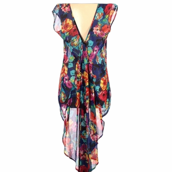 Mimi Chica Sheer Floral Top Deep Vee Back Cape Shirt Size Small - Picture 2 of 6